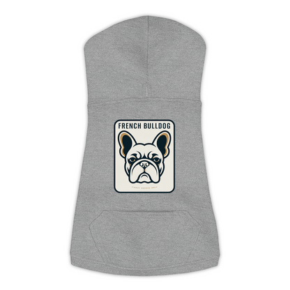 French Bulldog dog hoodie in Granite Heather — gold crest emblem print on cosy fleece pullover