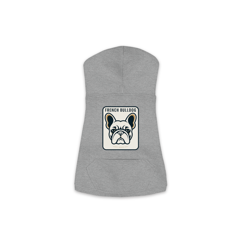 French Bulldog dog hoodie in Granite Heather — gold crest emblem print on cosy fleece pullover