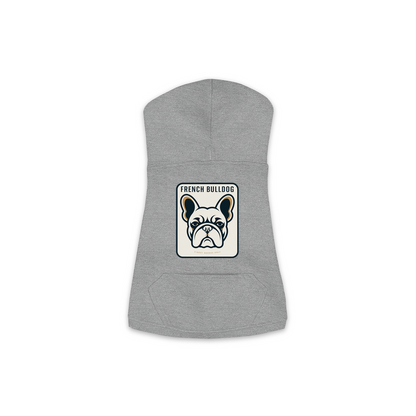 French Bulldog dog hoodie in Granite Heather — gold crest emblem print on cosy fleece pullover