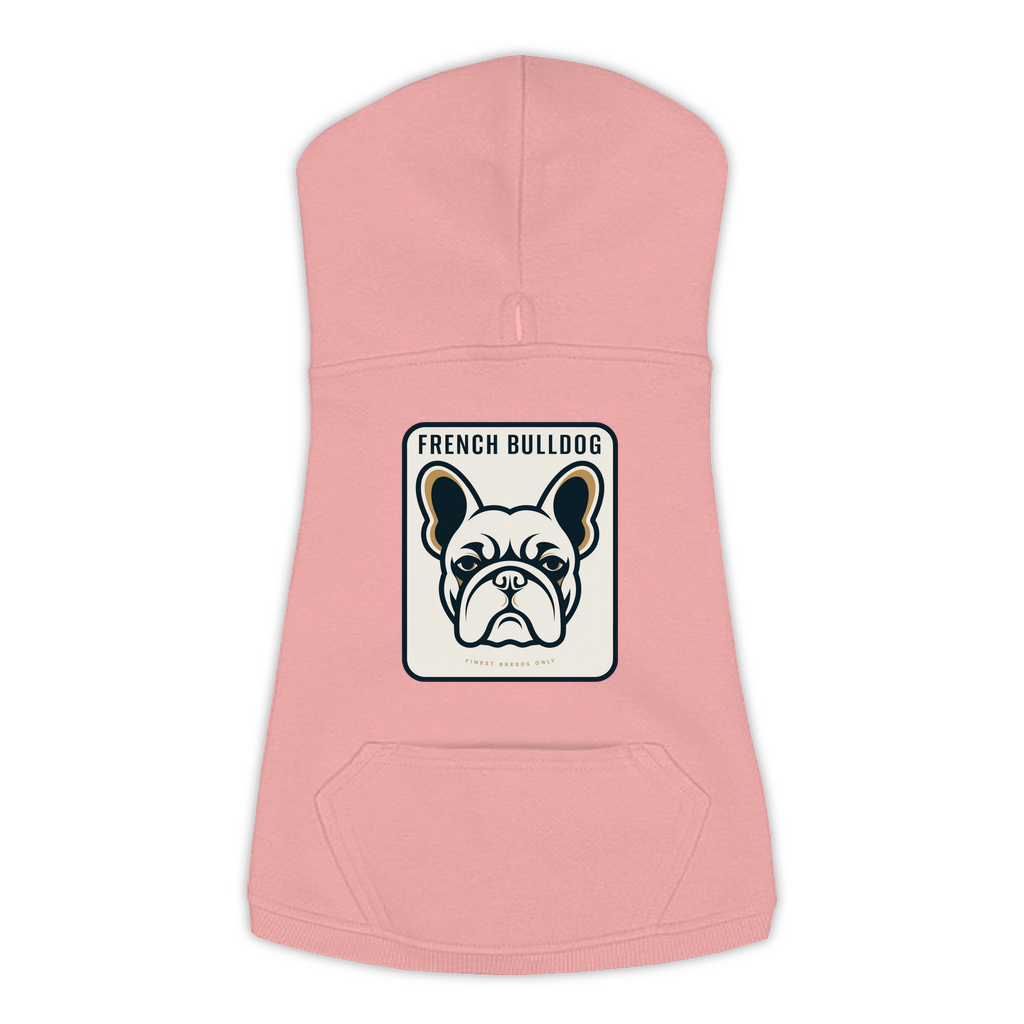 French Bulldog dog hoodie in Mauvelous — gold crest emblem print on cosy fleece pullover
