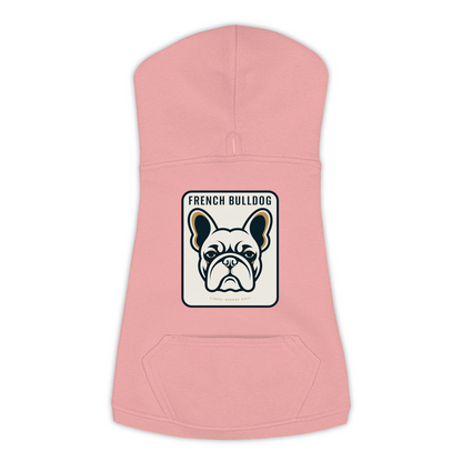 French Bulldog dog hoodie in Mauvelous — gold crest emblem print on cosy fleece pullover