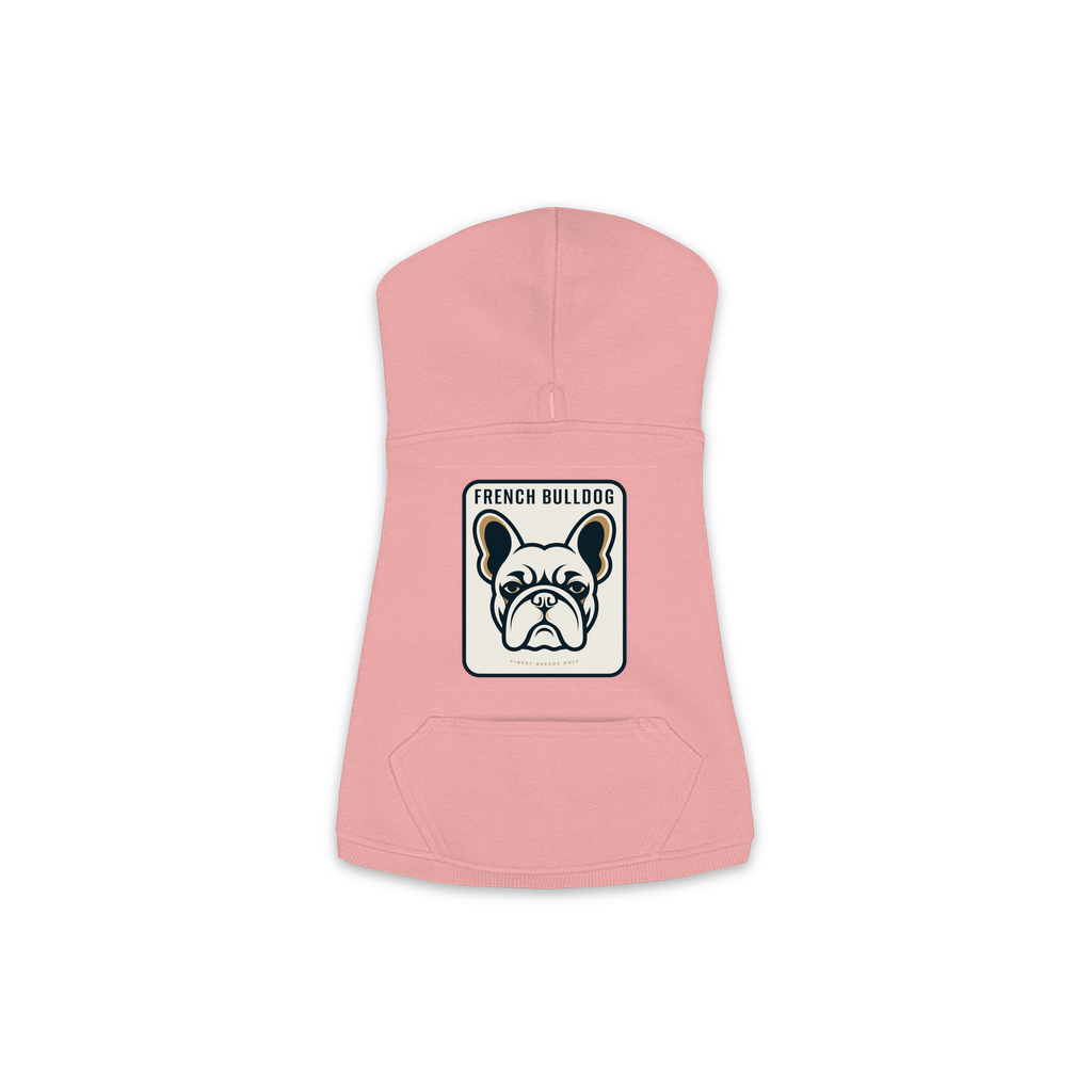 French Bulldog dog hoodie in Mauvelous — gold crest emblem print on cosy fleece pullover