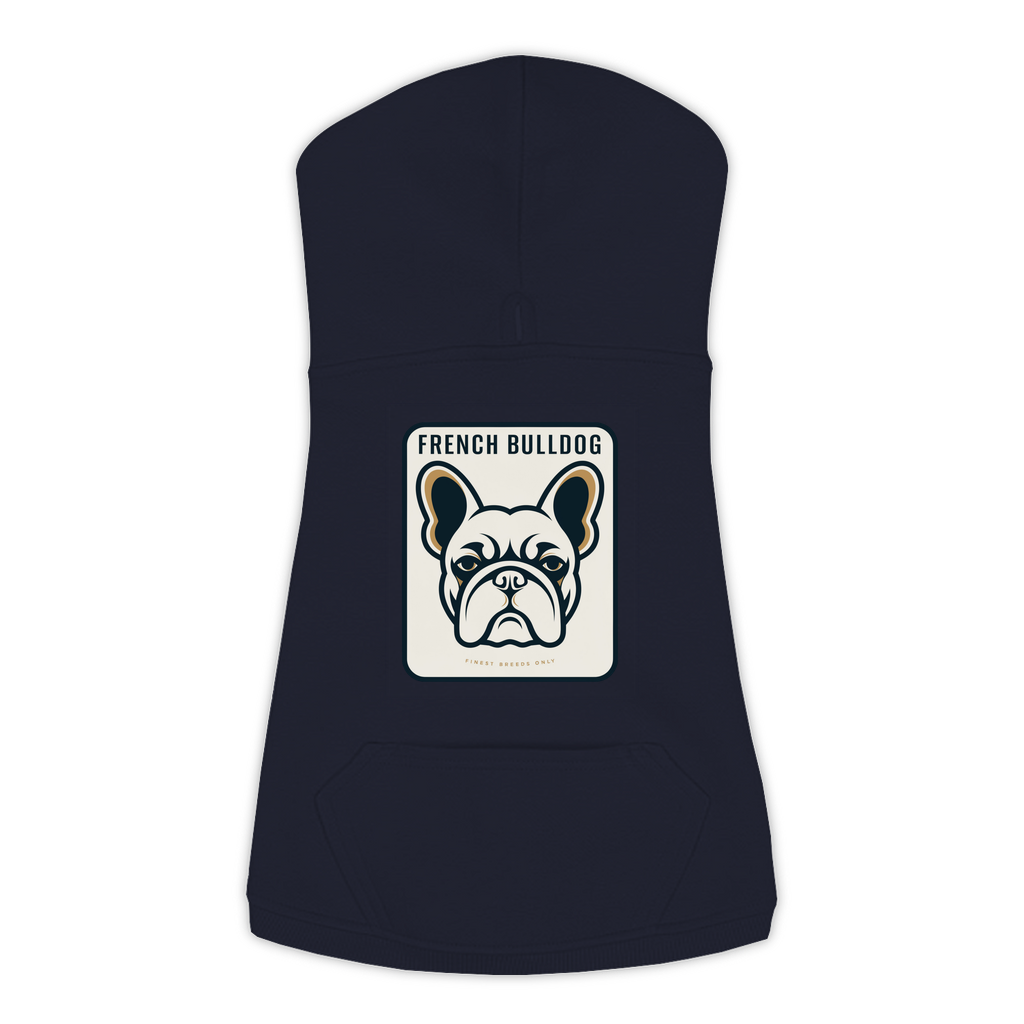 French Bulldog dog hoodie in Navy — gold crest emblem print on cosy fleece pullover