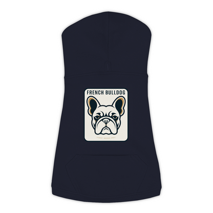 French Bulldog dog hoodie in Navy — gold crest emblem print on cosy fleece pullover
