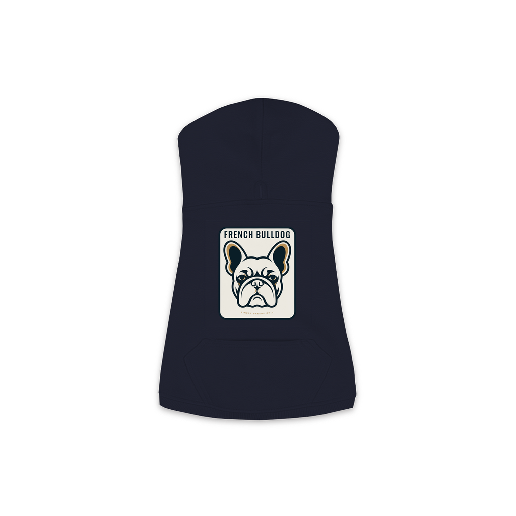 French Bulldog dog hoodie in Navy — gold crest emblem print on cosy fleece pullover