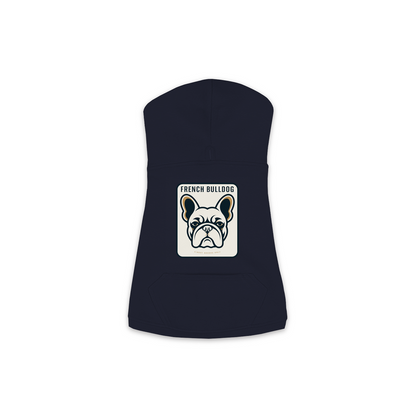 French Bulldog dog hoodie in Navy — gold crest emblem print on cosy fleece pullover