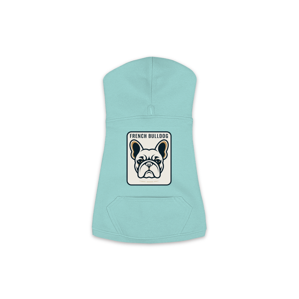 French Bulldog dog hoodie in Saltwater — gold crest emblem print on cosy fleece pullover