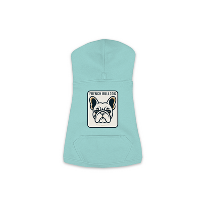 French Bulldog dog hoodie in Saltwater — gold crest emblem print on cosy fleece pullover