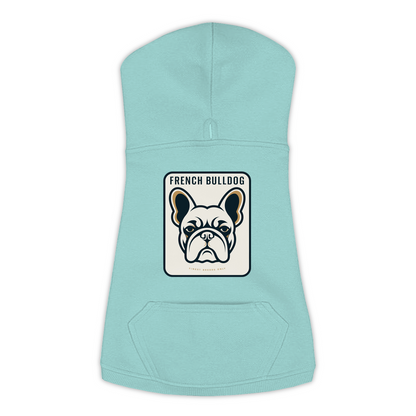 French Bulldog dog hoodie in Saltwater — gold crest emblem print on cosy fleece pullover