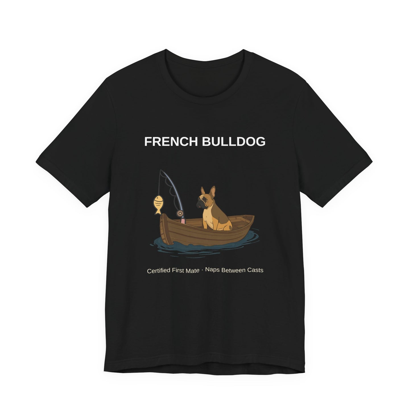 French Bulldog Fishing Buddy t-shirt, colourway flat lay