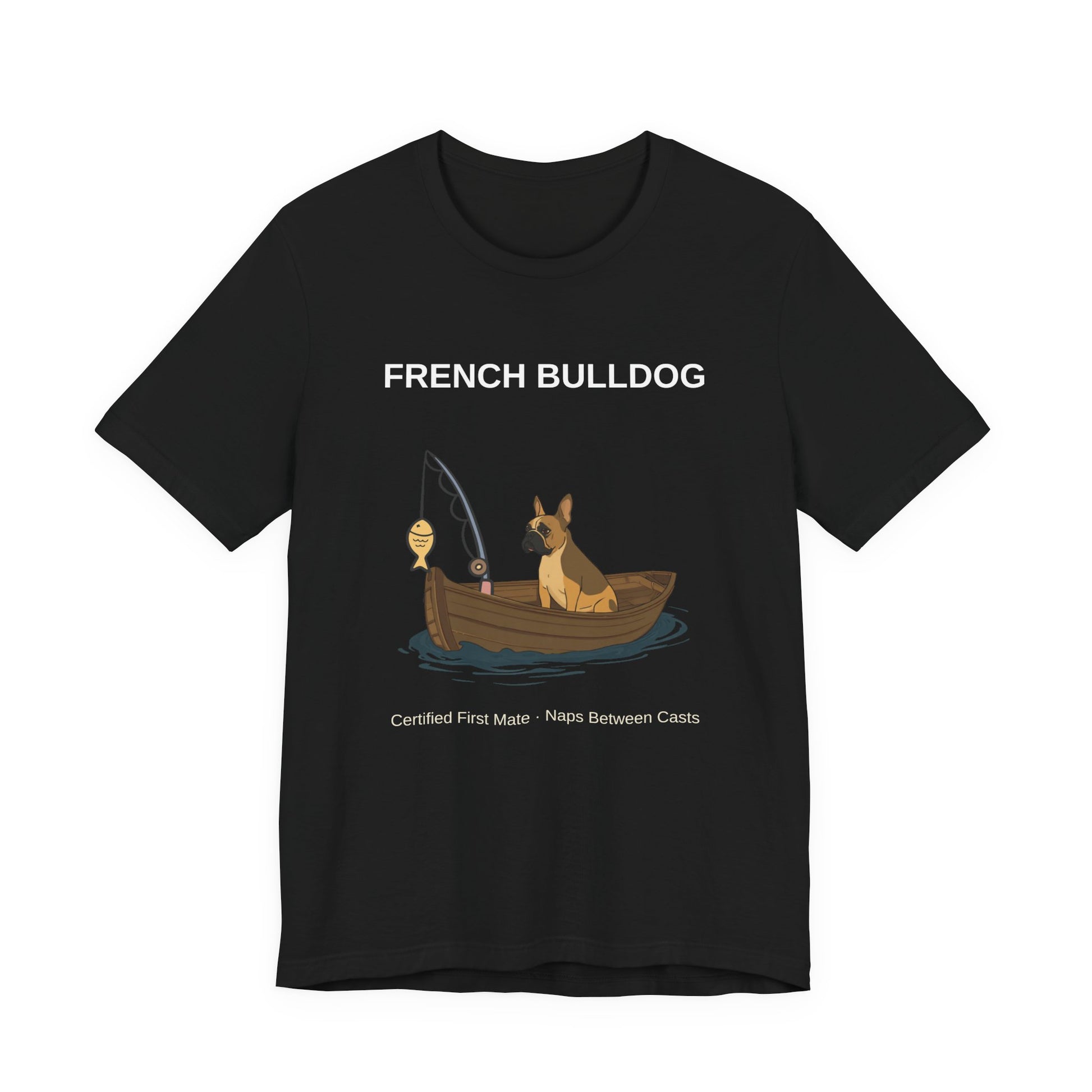 French Bulldog Fishing Buddy t-shirt, colourway flat lay