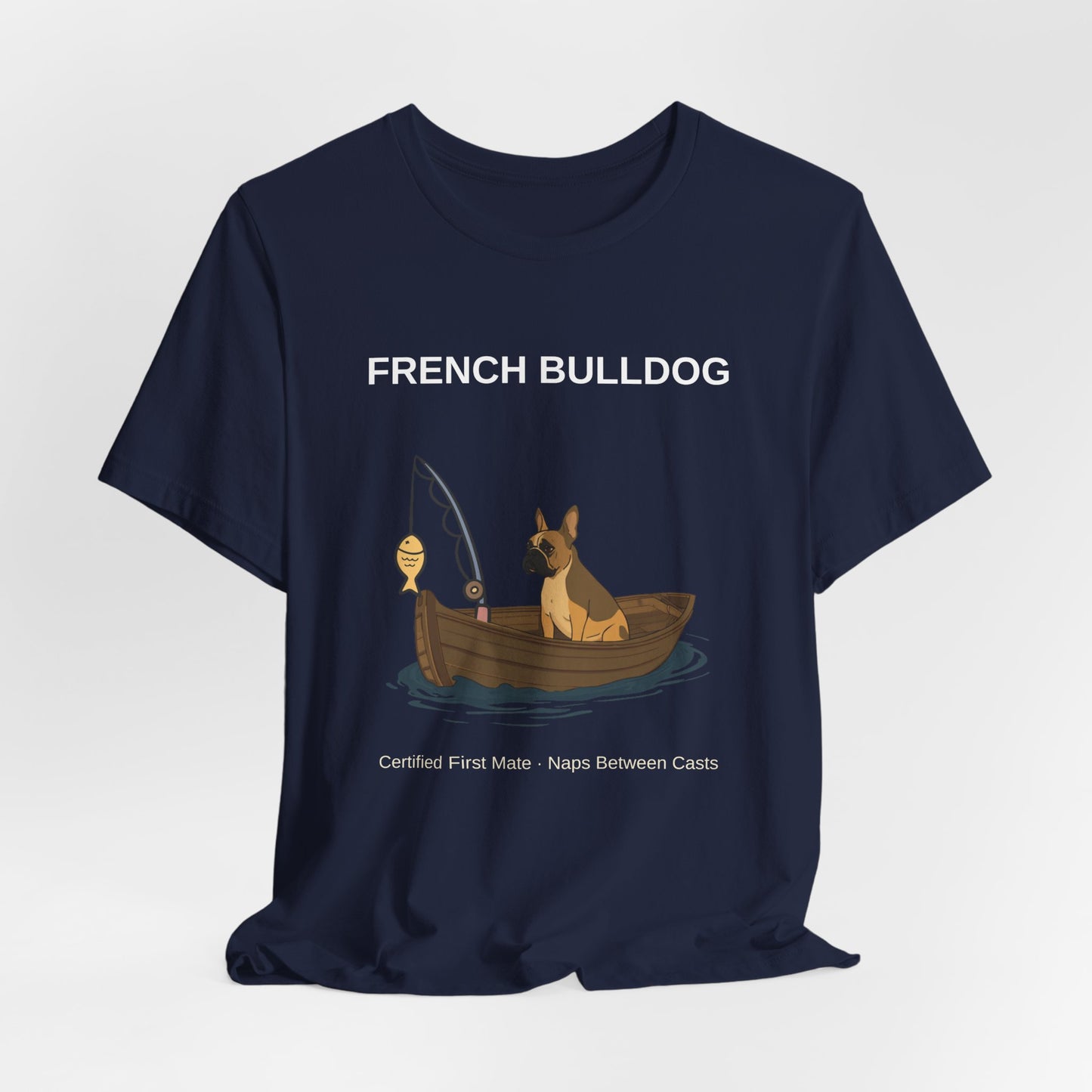 French Bulldog Fishing Buddy t-shirt, fabric texture close-up
