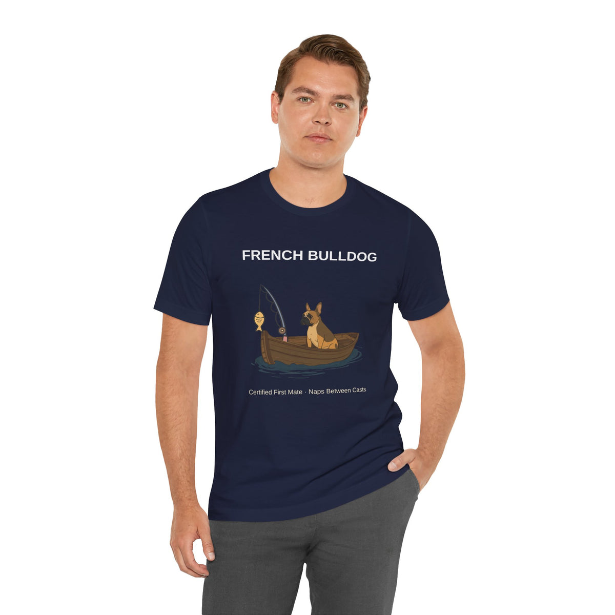 French Bulldog Fishing Buddy t-shirt, front view, black, Bella+Canvas 3001