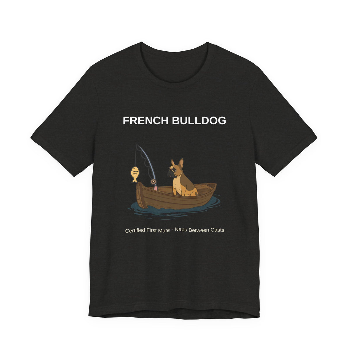 French Bulldog Fishing Buddy t-shirt worn by model, back angle
