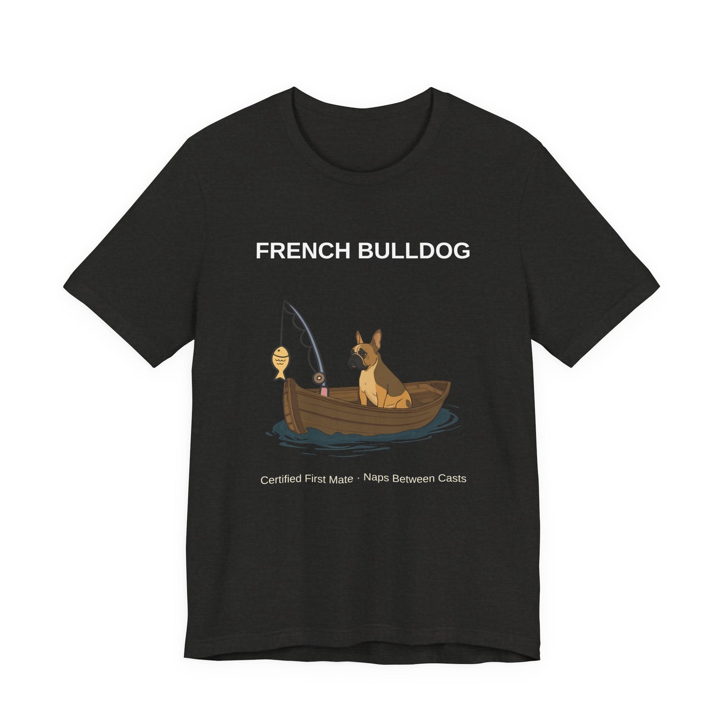 French Bulldog Fishing Buddy t-shirt worn by model, back angle