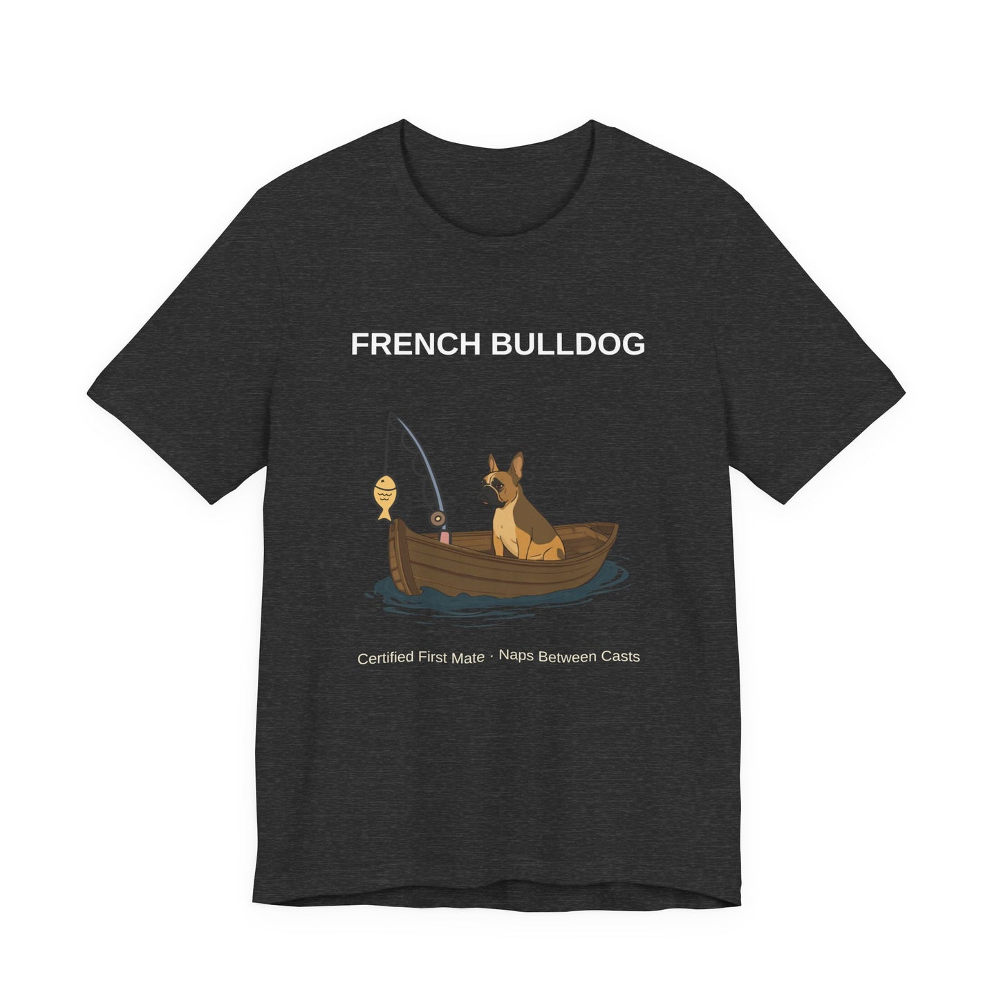 French Bulldog Fishing Buddy t-shirt worn by model, Black Heather colourway