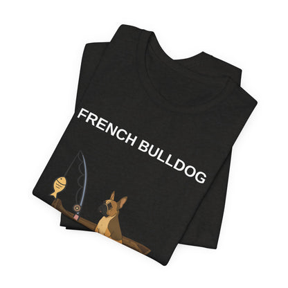 French Bulldog Fishing Buddy t-shirt worn by model, full body shot