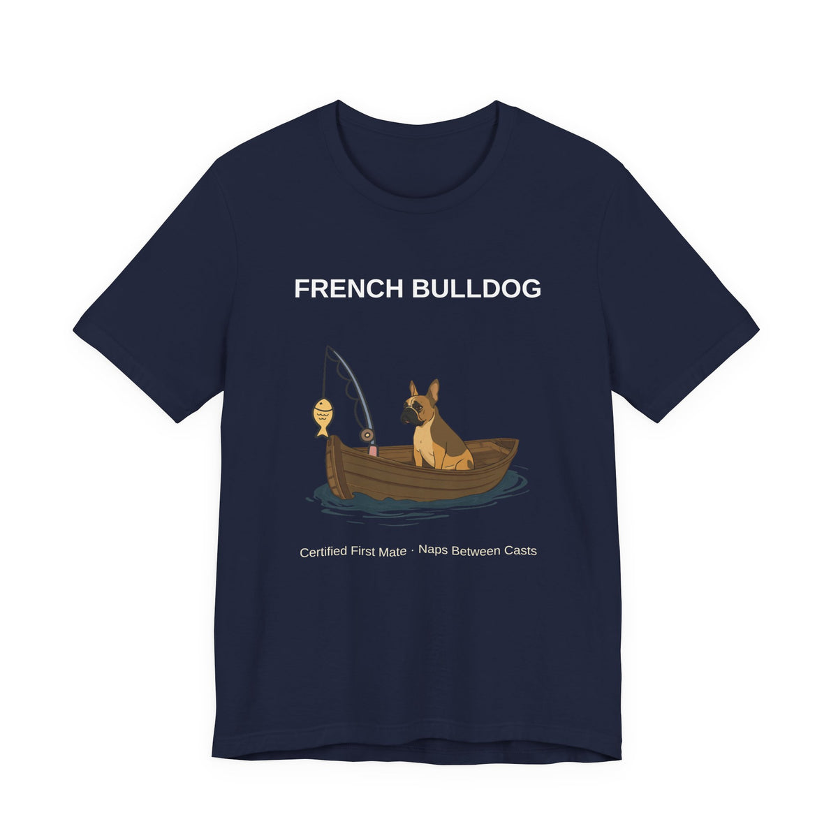 French Bulldog Fishing Buddy t-shirt worn by model, side angle