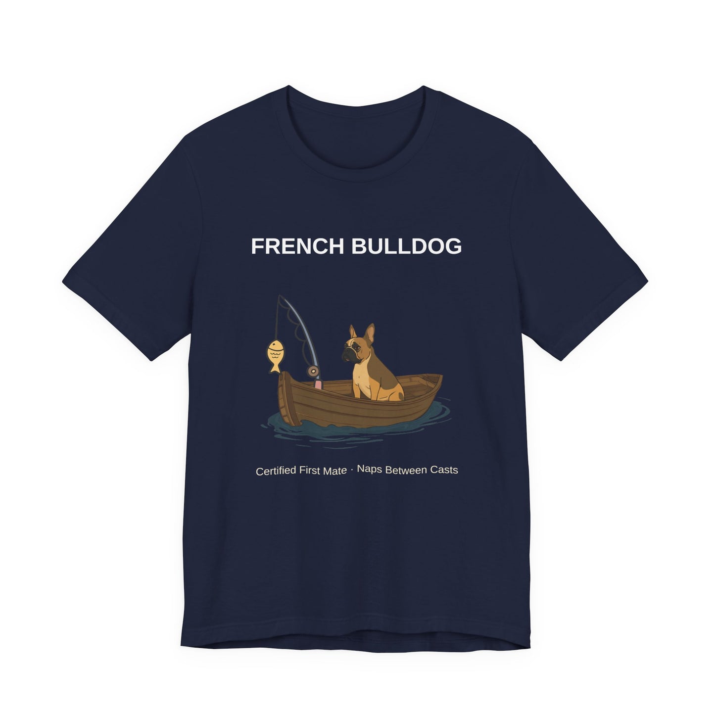 French Bulldog Fishing Buddy t-shirt worn by model, side angle