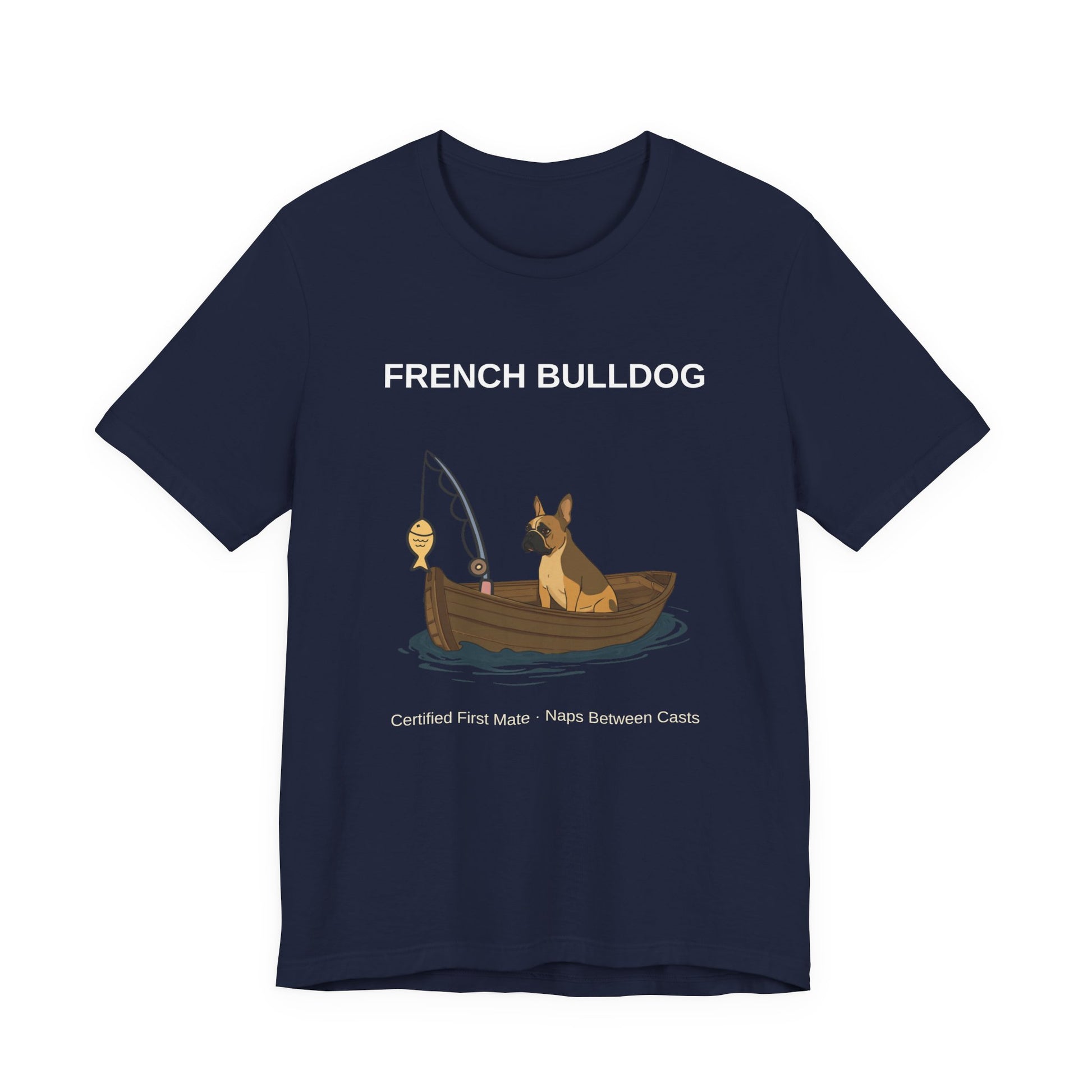 French Bulldog Fishing Buddy t-shirt worn by model, side angle