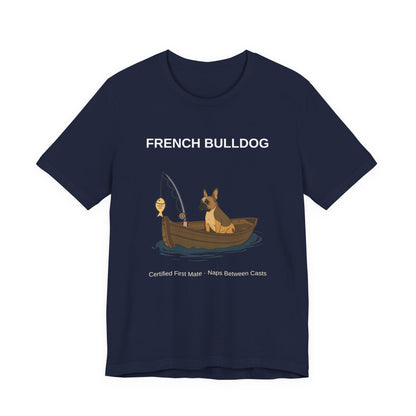 French Bulldog Fishing Buddy t-shirt worn by model, side angle