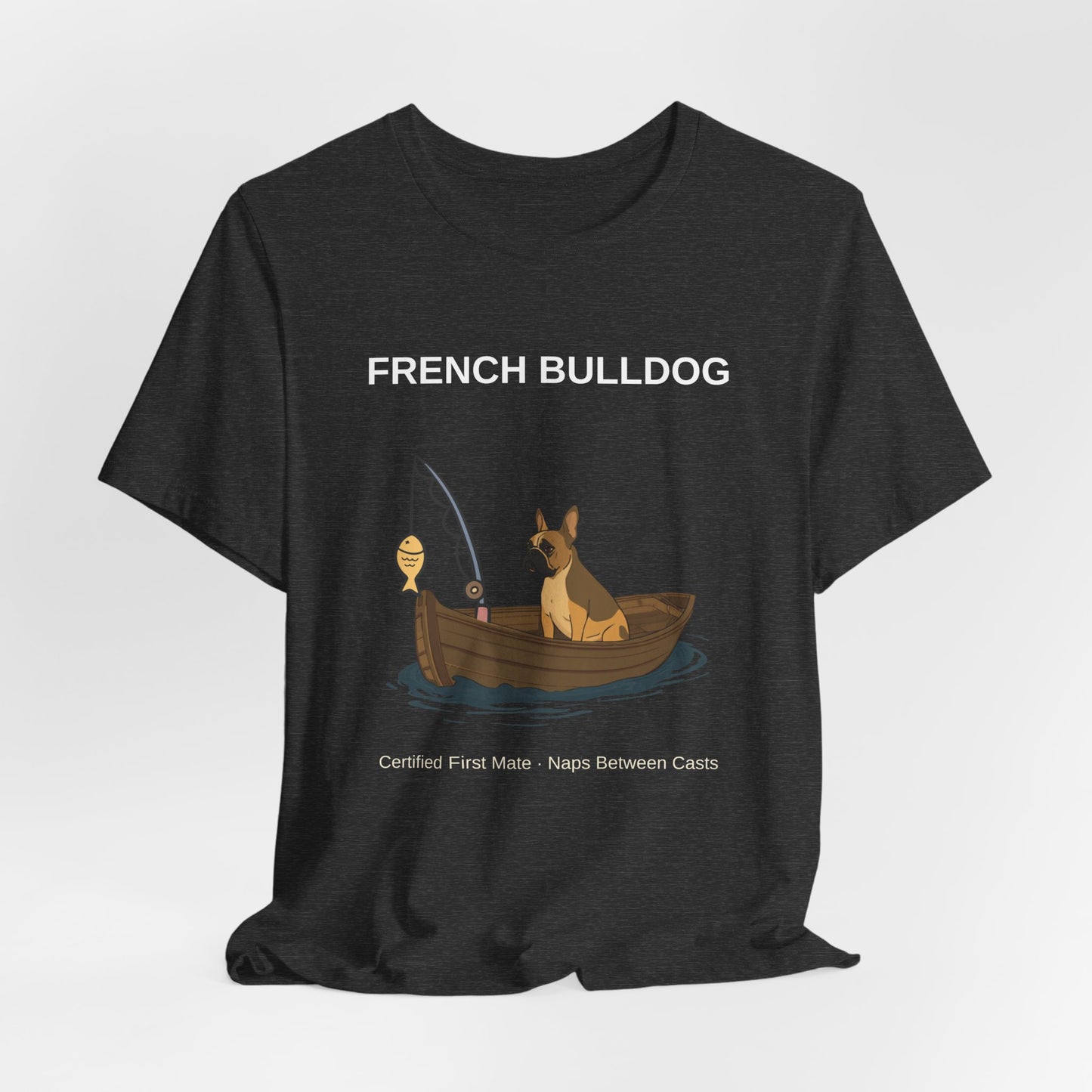 French Bulldog Fishing Buddy t-shirt worn by model, sitting shot