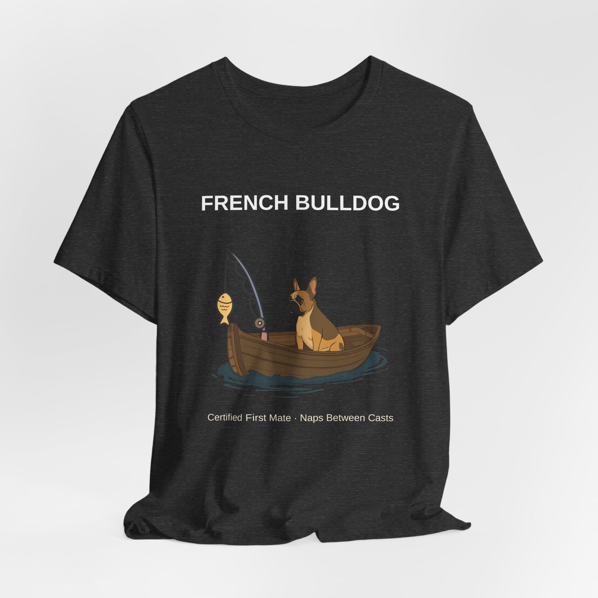 French Bulldog Fishing Buddy t-shirt worn by model, sitting shot
