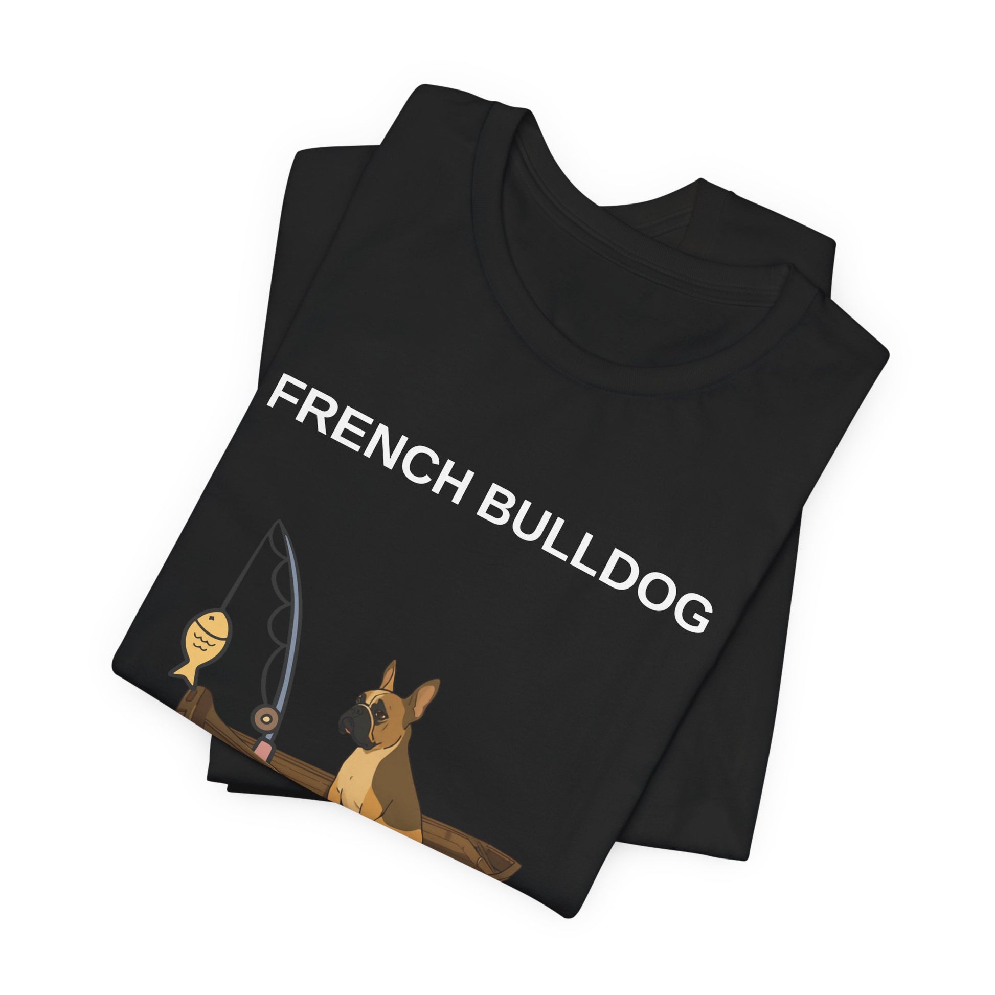 French Bulldog Fishing Buddy t-shirt, design print detail close-up