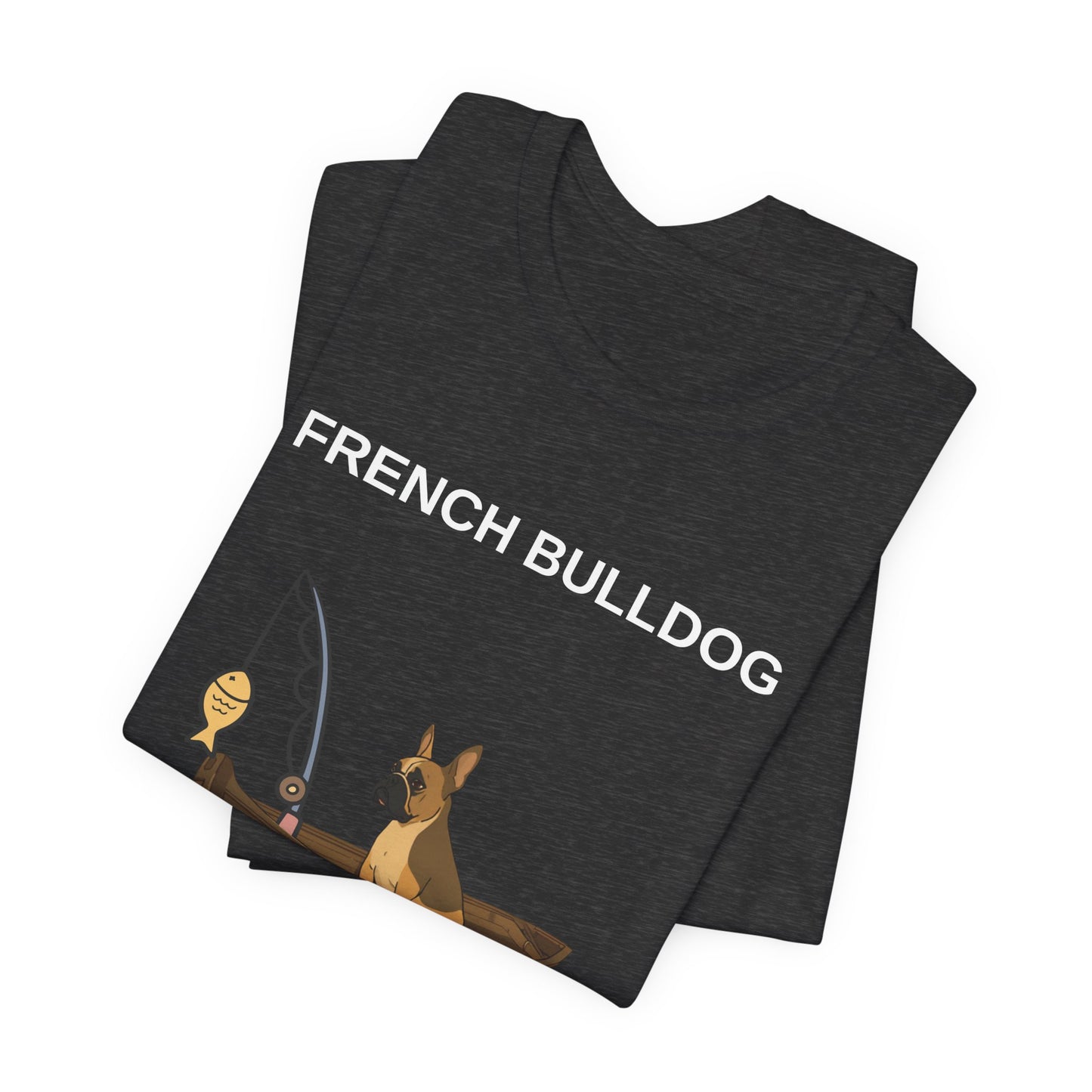 French Bulldog Fishing Buddy t-shirt, sleeve detail close-up