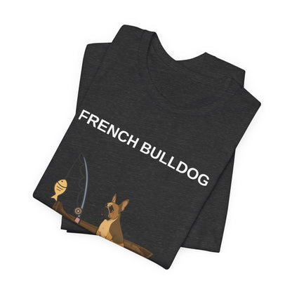 French Bulldog Fishing Buddy t-shirt, sleeve detail close-up