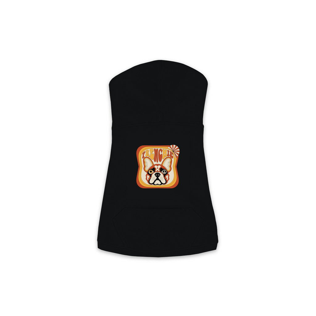 French Bulldog dog hoodie in Black — groovy retro print on cosy fleece pullover, size M