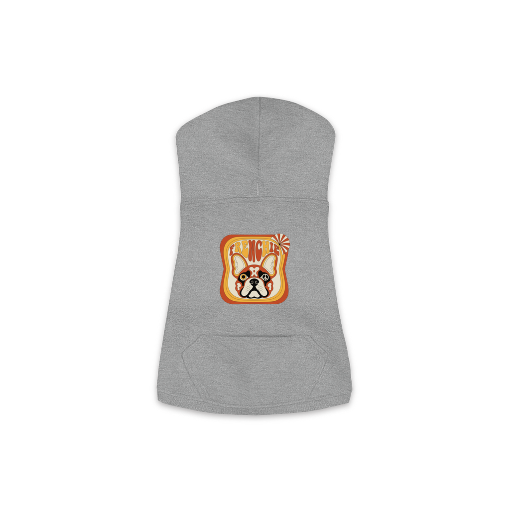 French Bulldog dog hoodie in Granite Heather — groovy retro print on cosy fleece pullover, size M