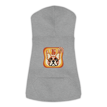 French Bulldog dog hoodie in Granite Heather — groovy retro print on cosy fleece pullover, size XL