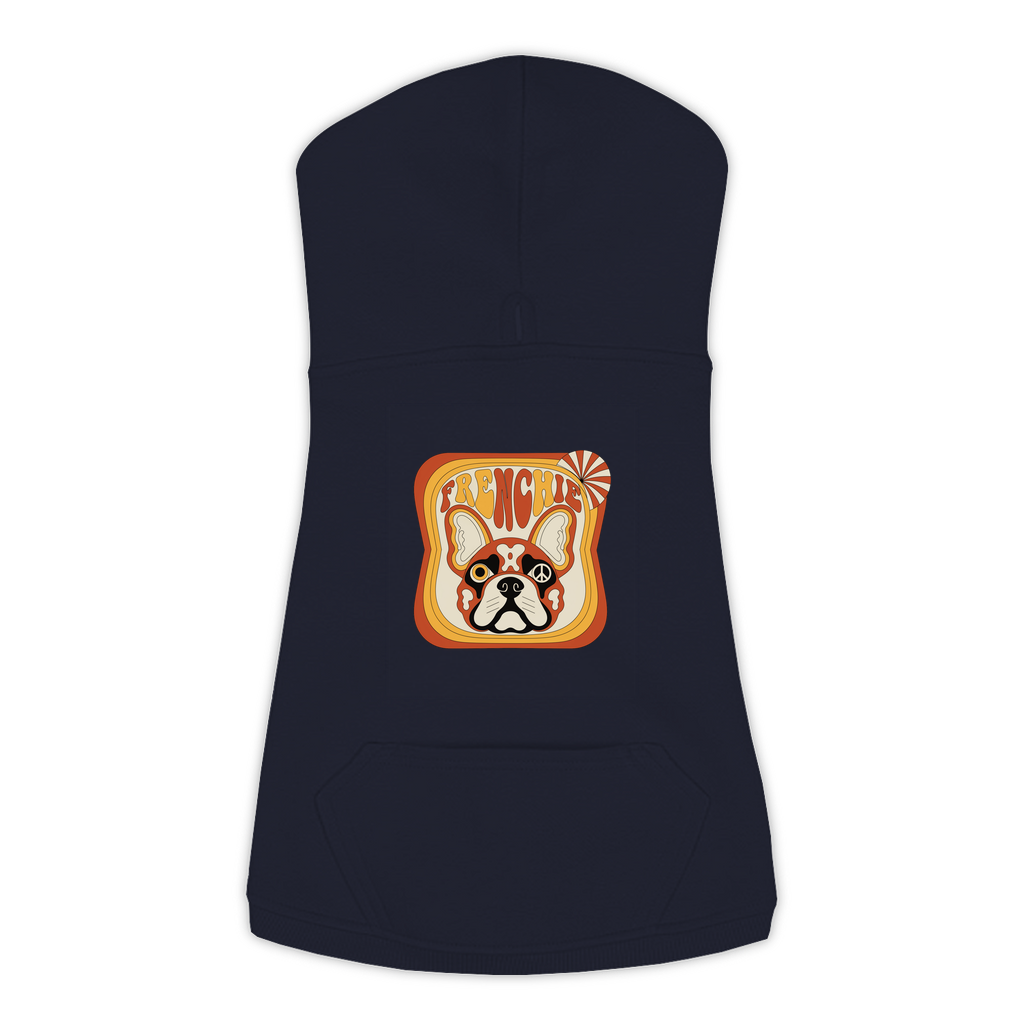 French Bulldog dog hoodie in Navy — groovy retro print on cosy fleece pullover, size L