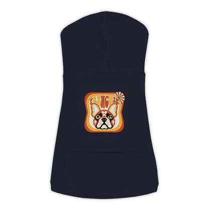 French Bulldog dog hoodie in Navy — groovy retro print on cosy fleece pullover, size L