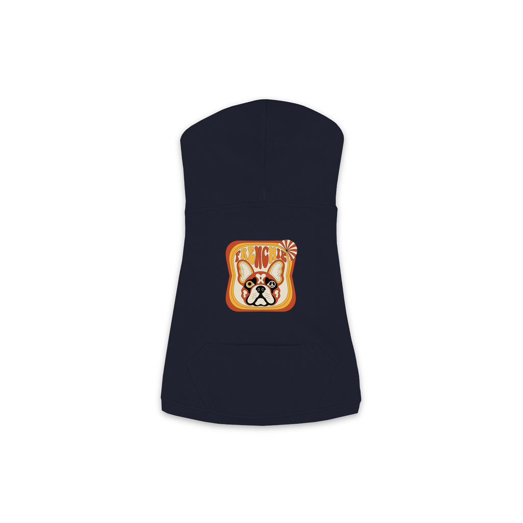French Bulldog dog hoodie in Navy — groovy retro print on cosy fleece pullover, size M