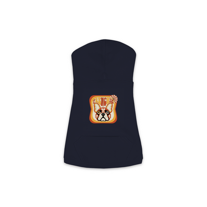French Bulldog dog hoodie in Navy — groovy retro print on cosy fleece pullover, size M