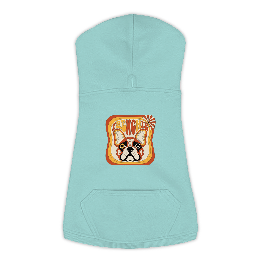 French Bulldog dog hoodie in Saltwater — groovy retro print on cosy fleece pullover, size L