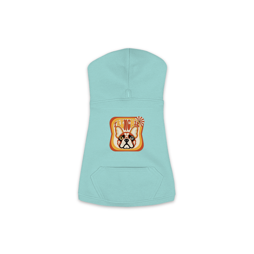 French Bulldog dog hoodie in Saltwater — groovy retro print on cosy fleece pullover, size M