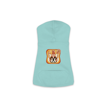 French Bulldog dog hoodie in Saltwater — groovy retro print on cosy fleece pullover, size M