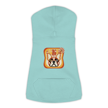 French Bulldog dog hoodie in Saltwater — groovy retro print on cosy fleece pullover, size XL