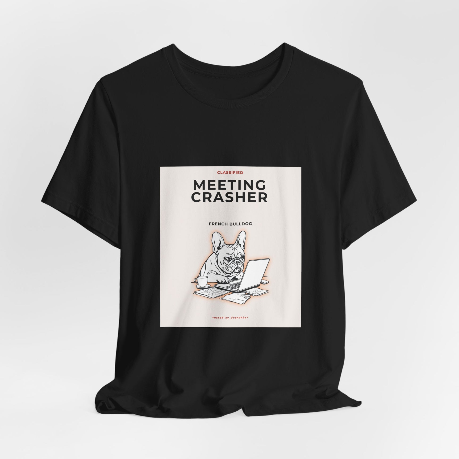 French Bulldog Meeting Crasher t-shirt worn by male model, front view