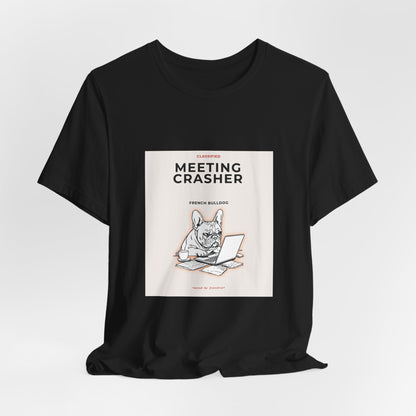 French Bulldog Meeting Crasher t-shirt worn by male model, front view