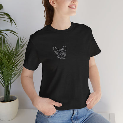 French Bulldog premium minimalist t-shirt Black colourway close-up - SniffWaggleNWalk