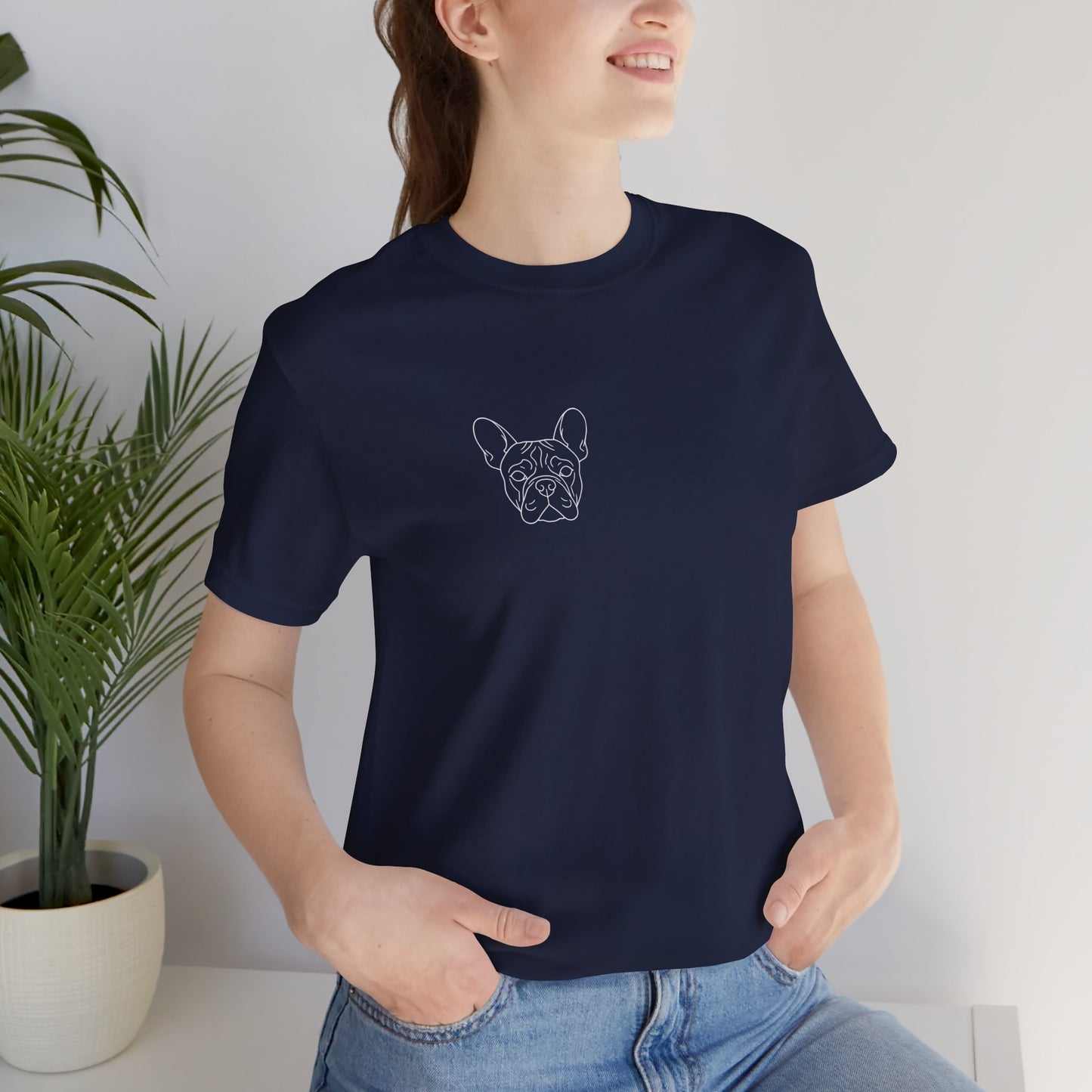 French Bulldog premium minimalist t-shirt worn on model - SniffWaggleNWalk