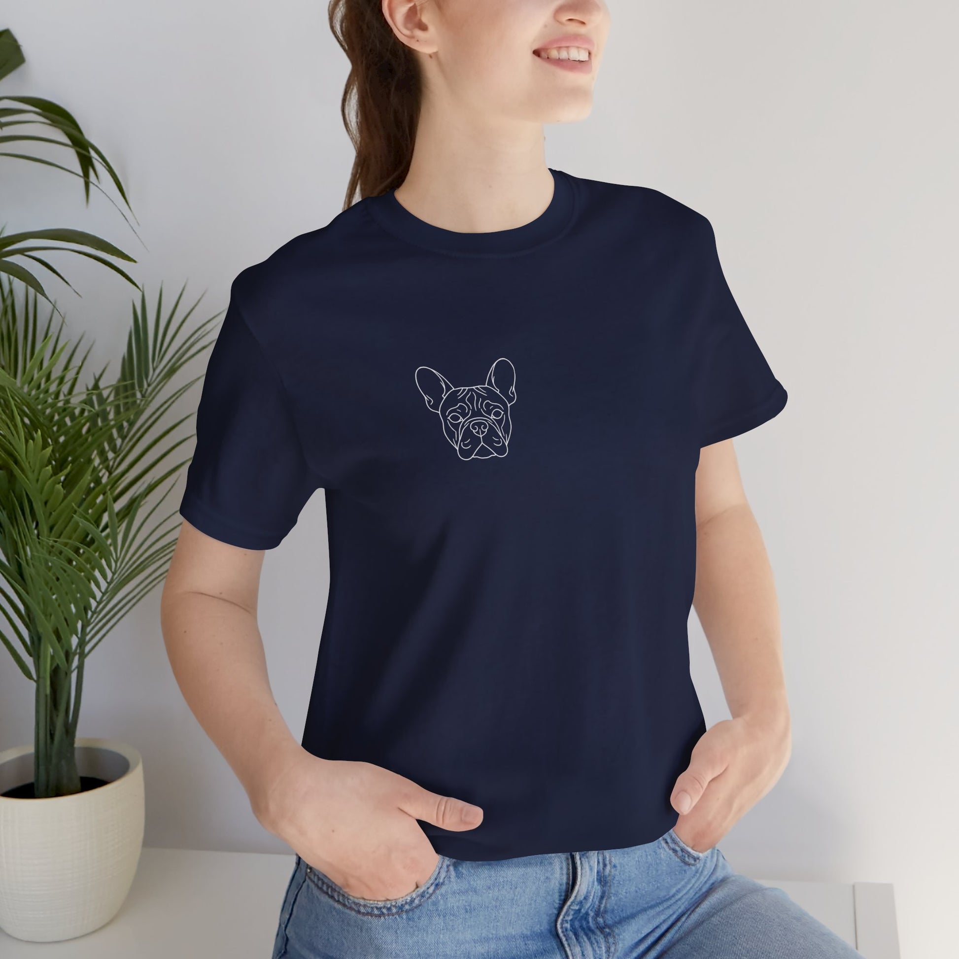 French Bulldog premium minimalist t-shirt worn on model - SniffWaggleNWalk