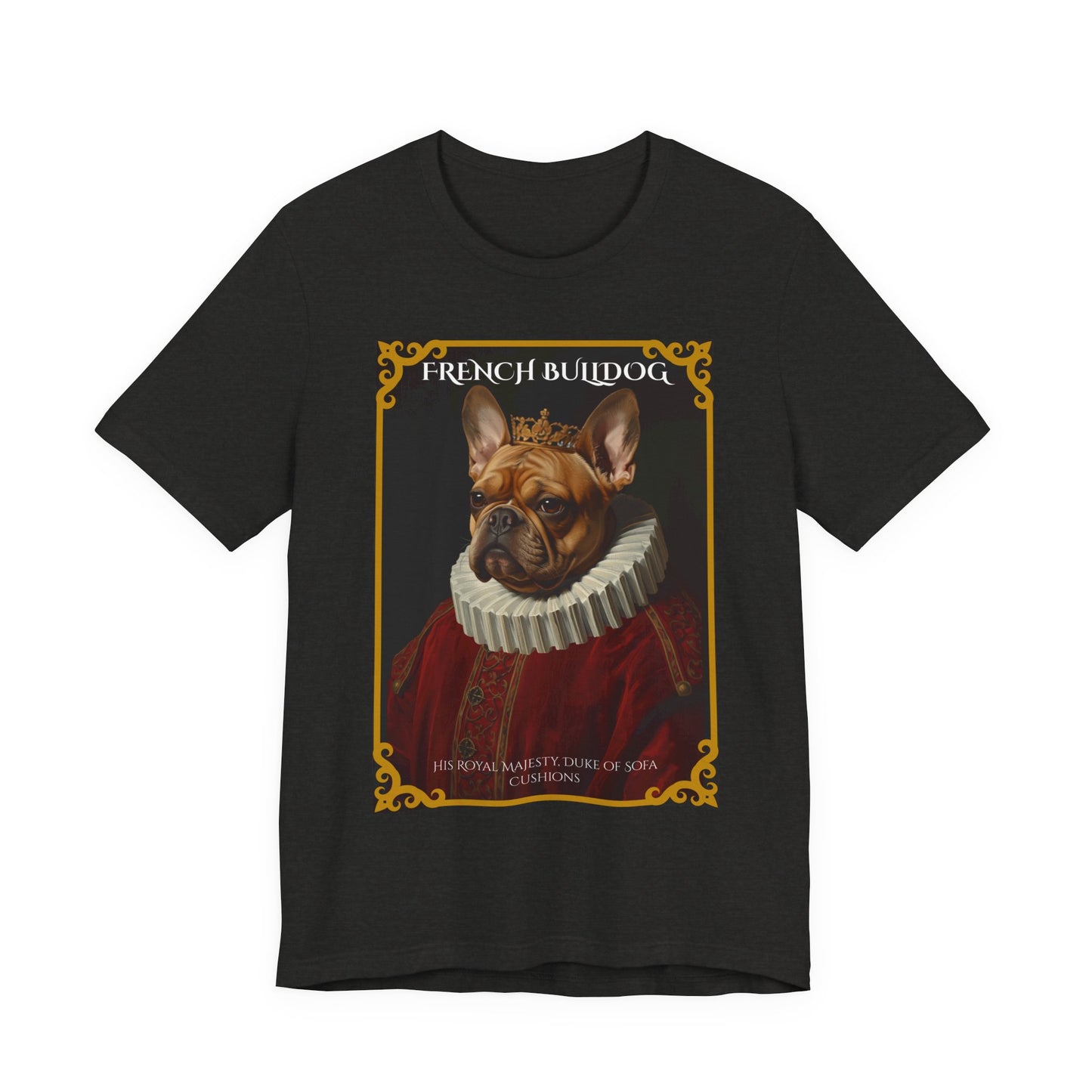 Model wearing the French Bulldog Renaissance portrait tee, front pose