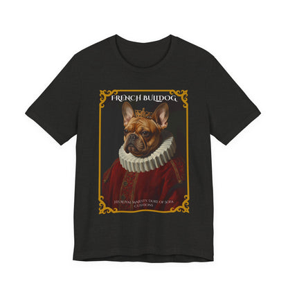 Model wearing the French Bulldog Renaissance portrait tee, front pose