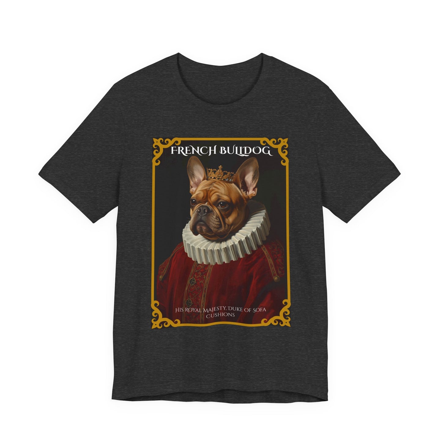 Dark Grey Heather colourway of the French Bulldog Renaissance portrait t-shirt