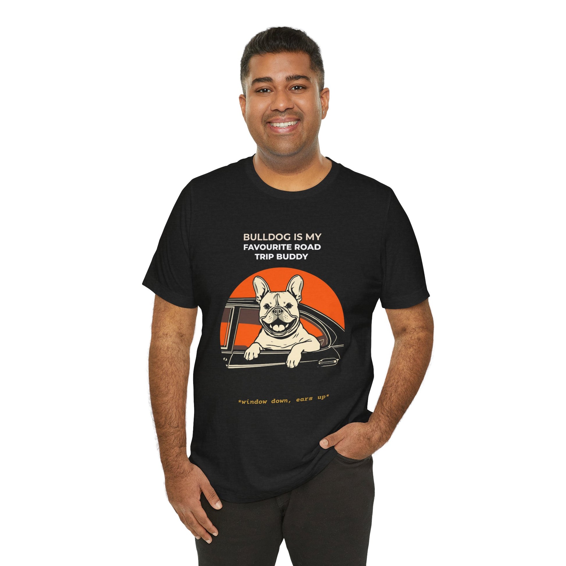 French Bulldog Road Trip Buddy t-shirt — funny Frenchie travel tee on Bella+Canvas 3001, view 11